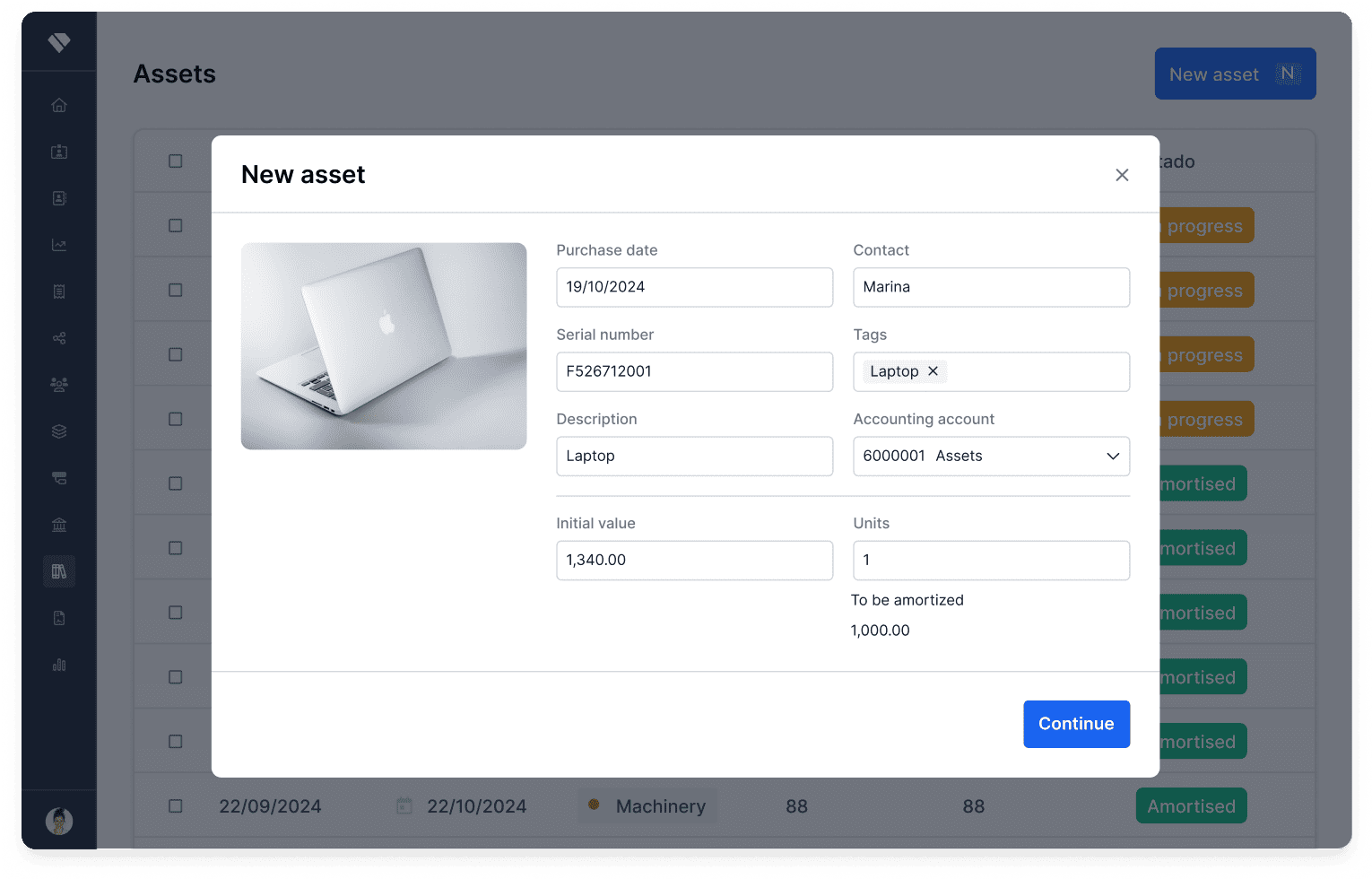 Fixed asset register with full lifecycle tracking in Holded