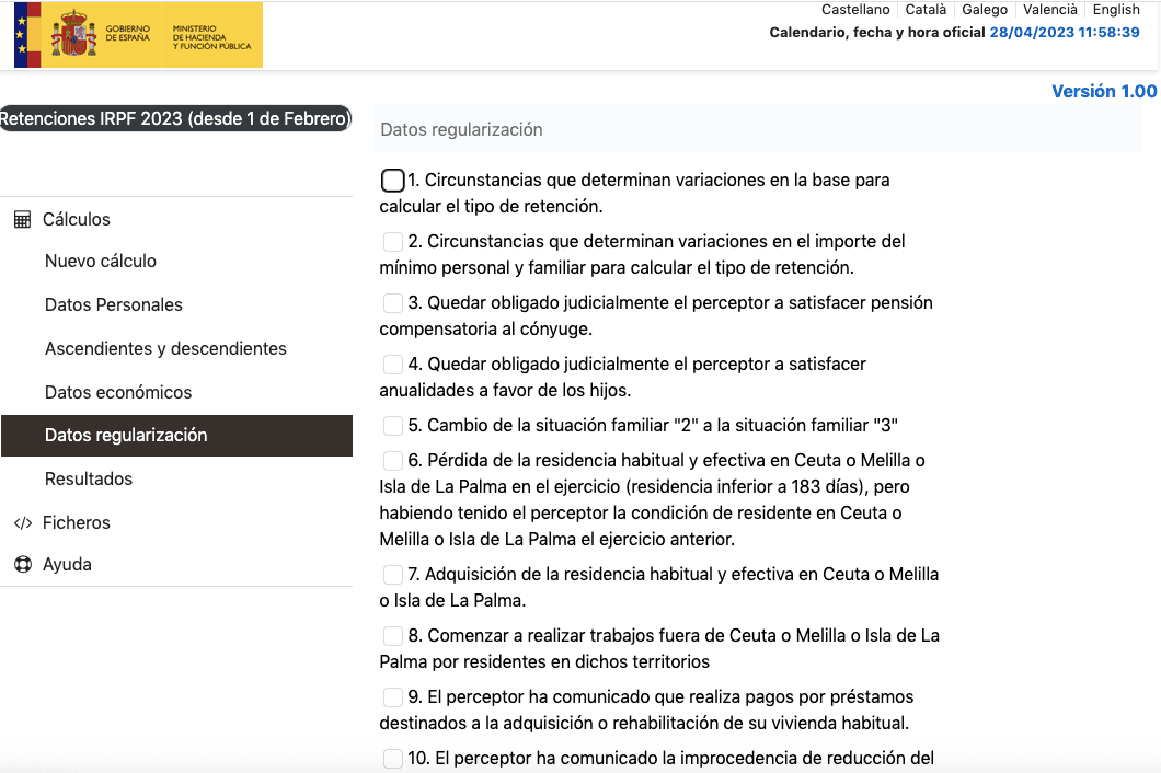Calculadora IRPF - Datos regularización