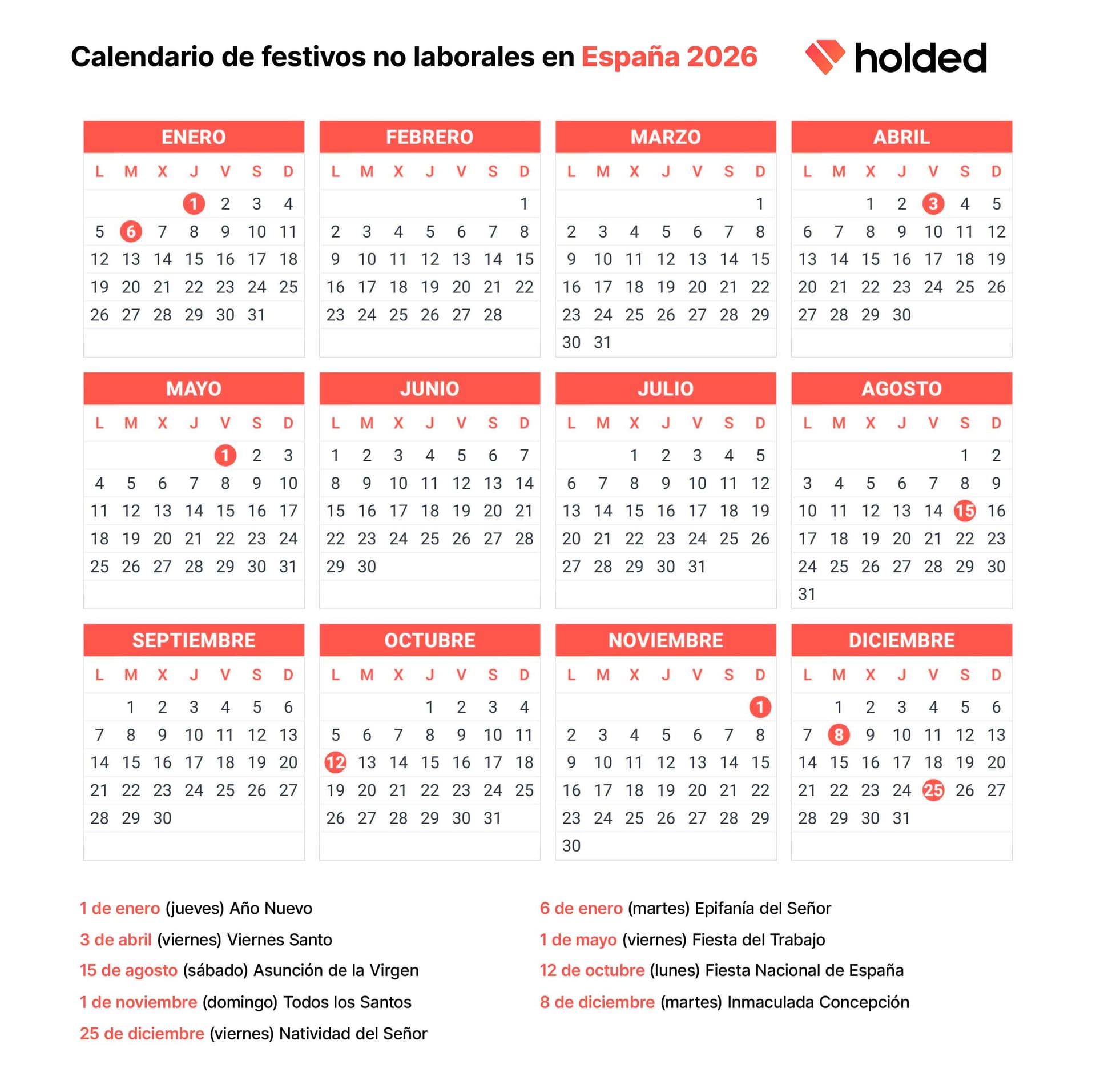 Calendario laboral 2026 con festivos nacionales y autonómicos