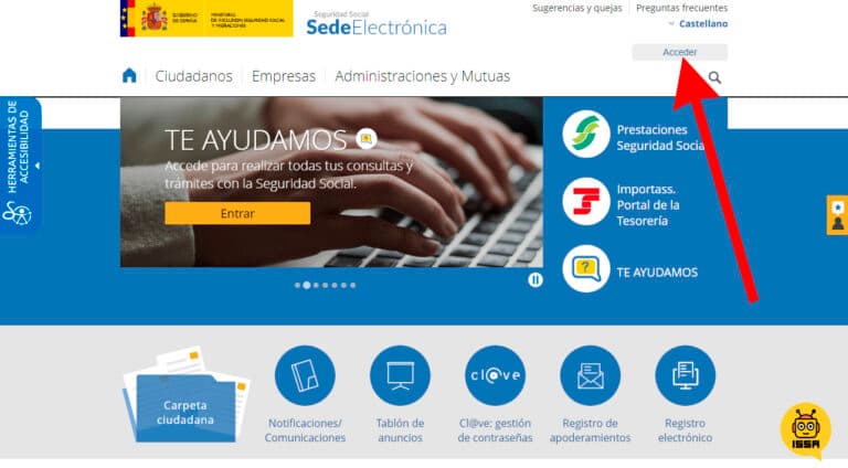 Página principal de la Sede Electrónica de la Seguridad Social
