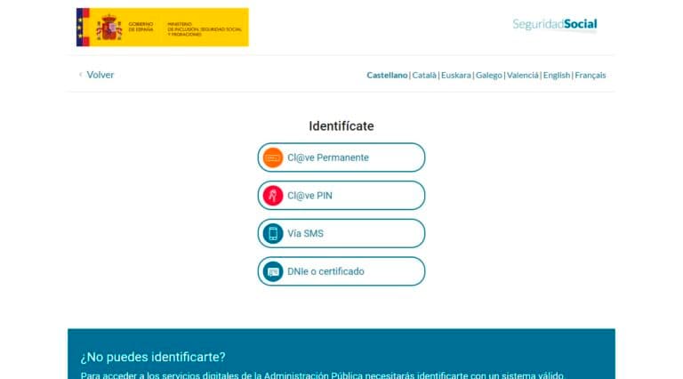 Pantalla de identificación con certificado digital o Cl@ve en la Seguridad Social