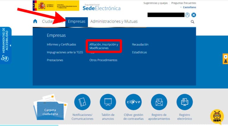 Menú de Empresas en la Sede Electrónica con opción de Afiliación