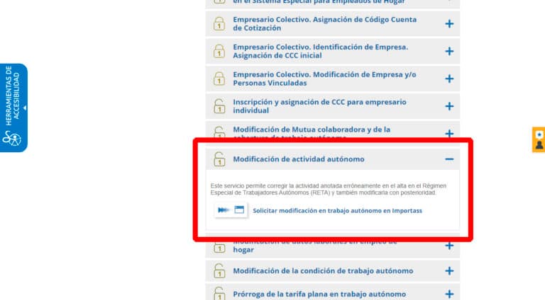 Sección de modificación de actividad de autónomo en Importass