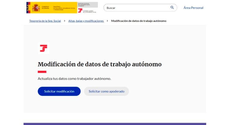 Botón para solicitar modificación de datos de trabajo autónomo