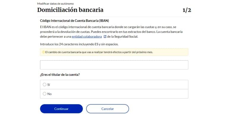 Formulario para introducir la nueva cuenta bancaria de domiciliación