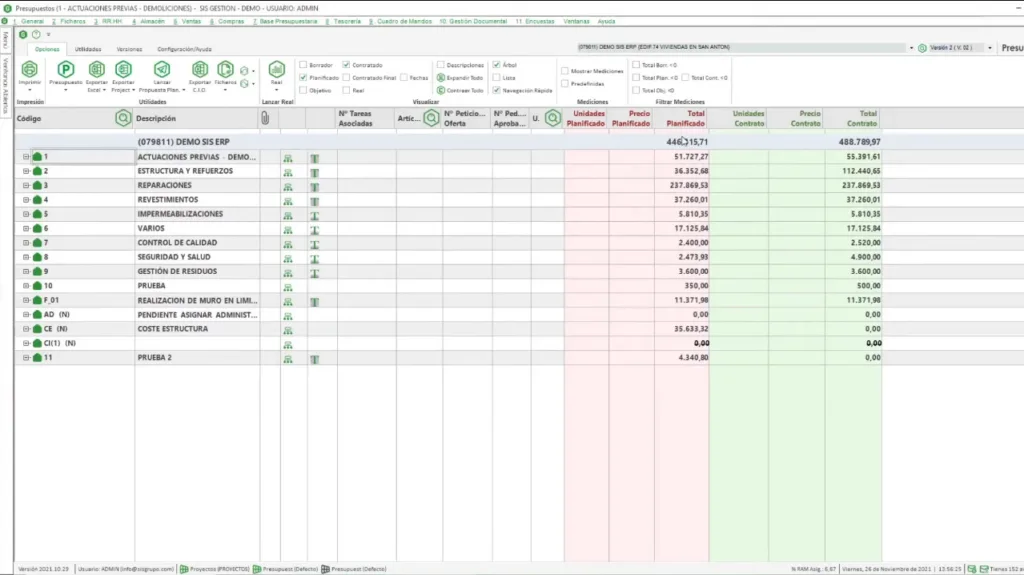 Interfaz del software ERP SiS Construcción para gestión de obras