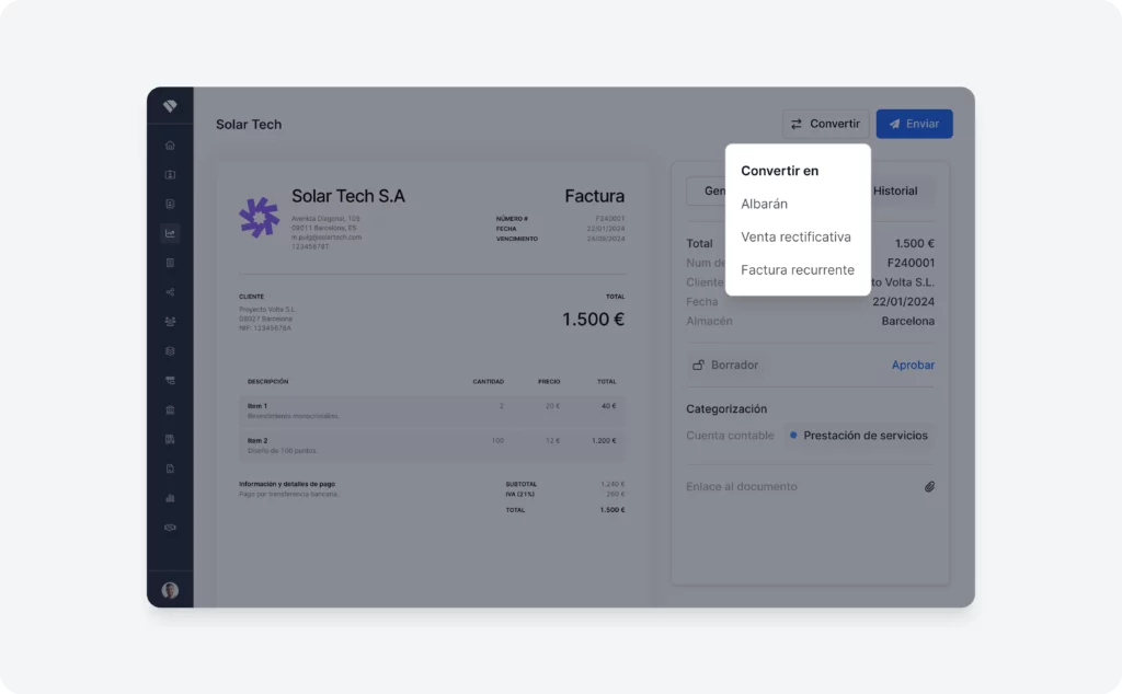 Editor de factura rectificativa con numeración y motivo de rectificación
