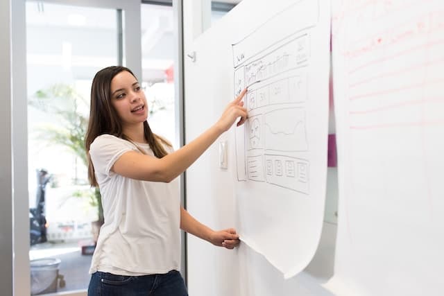 Mujer joven presentado datos en un mural