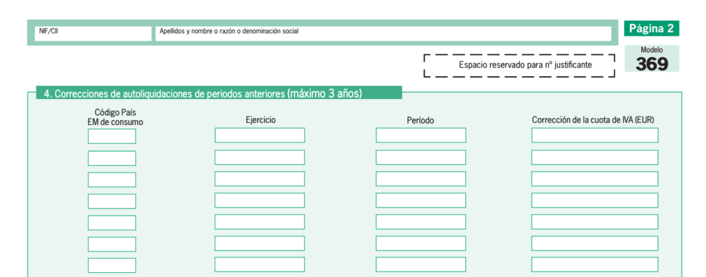 Campos de código de país, ejercicio y periodo para correcciones del modelo 369