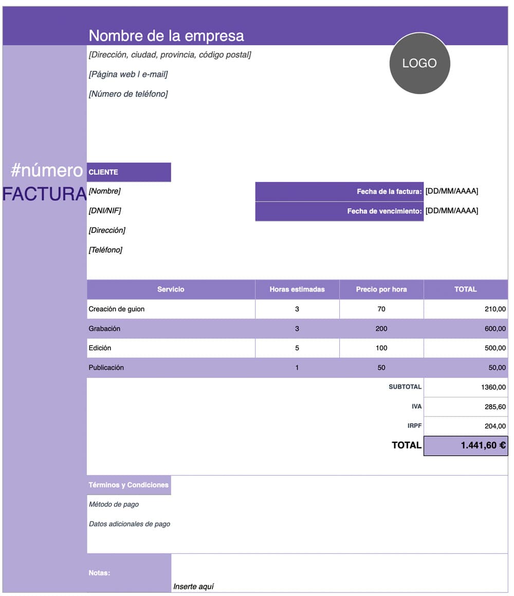 plantilla factura de servicios por horas