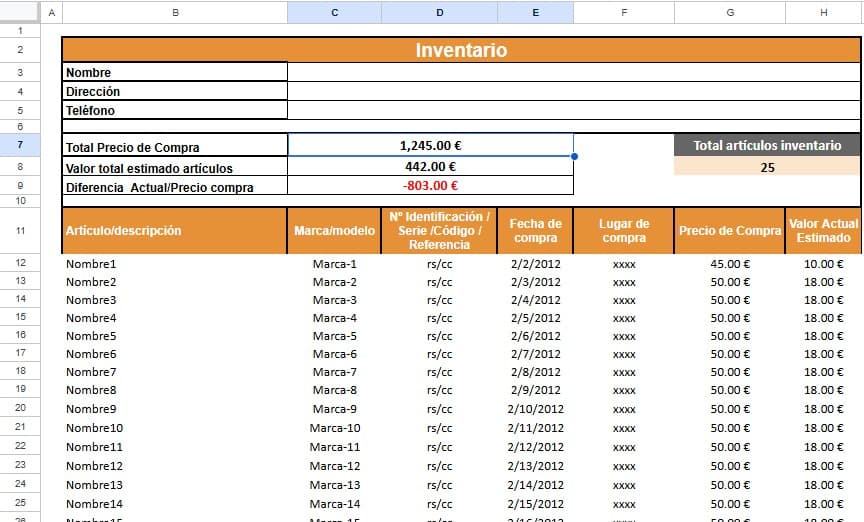 Plantilla control de inventario