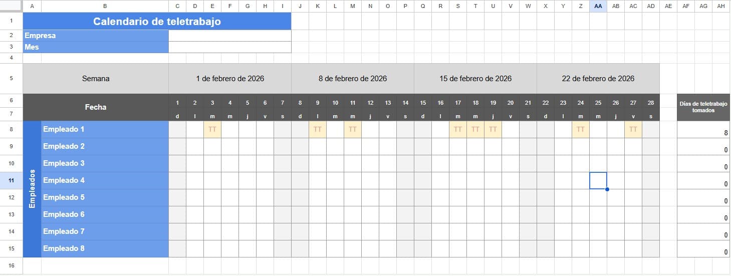 Plantilla de calendario de teletrabajo
