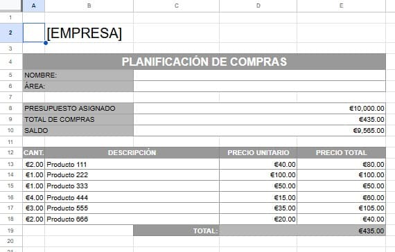 Plantilla de planeamiento de compras