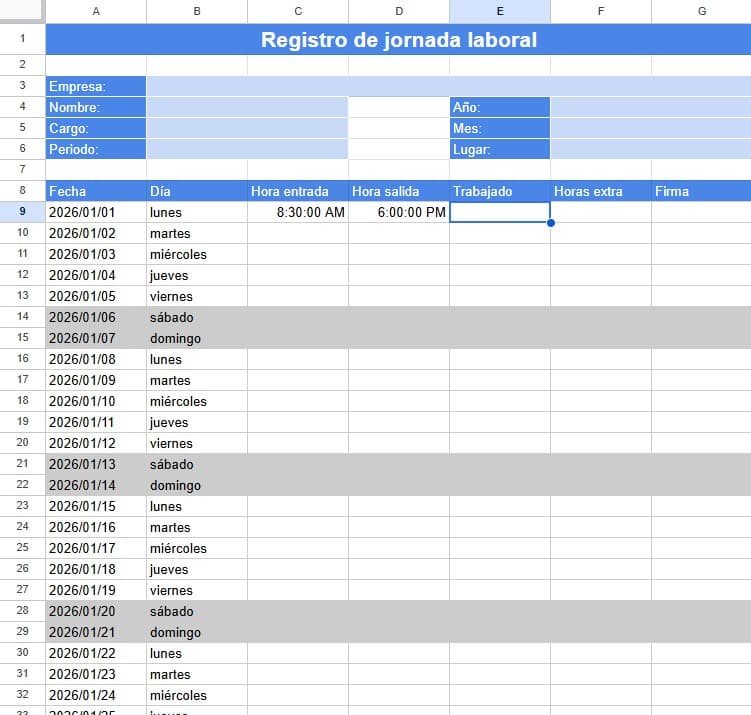 Plantilla de registro de jornada laboral