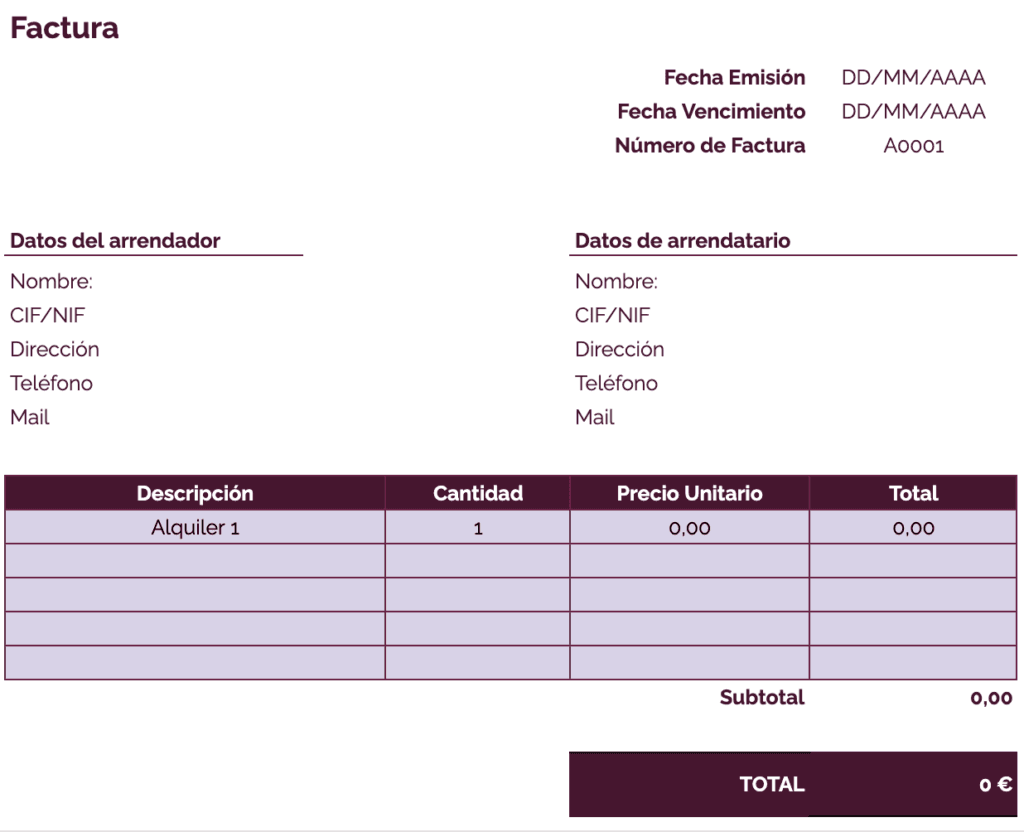 Modelo factura alquiler vivienda sin IVA: plantilla morada