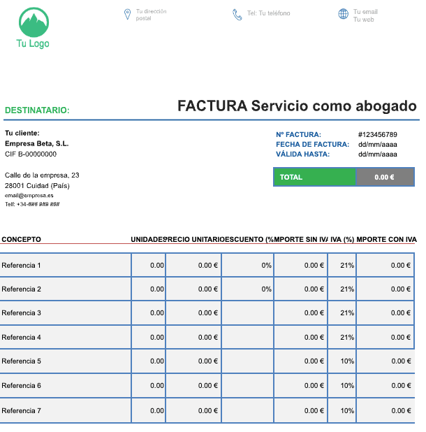 Plantilla de factura de servicio de abogados