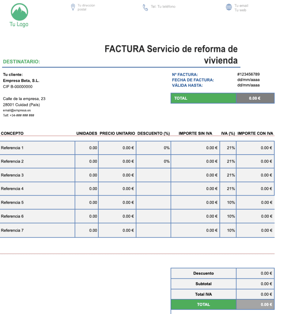 Plantilla de factura de servicio de reforma de vivienda