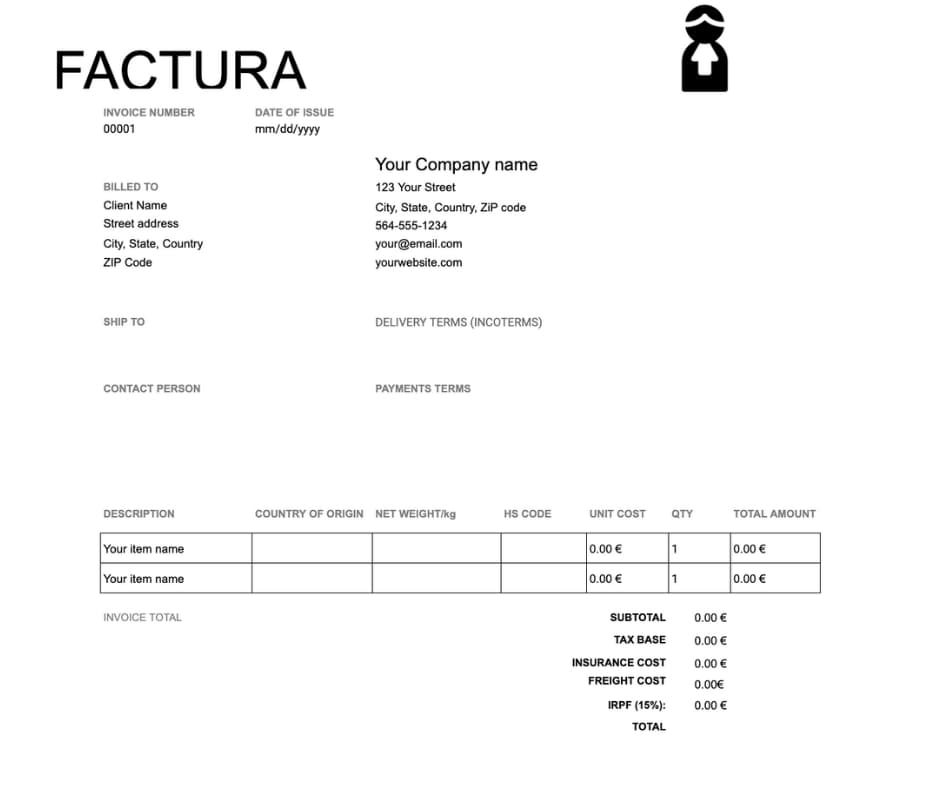 Plantilla de factura de exportación en España (en inglés)