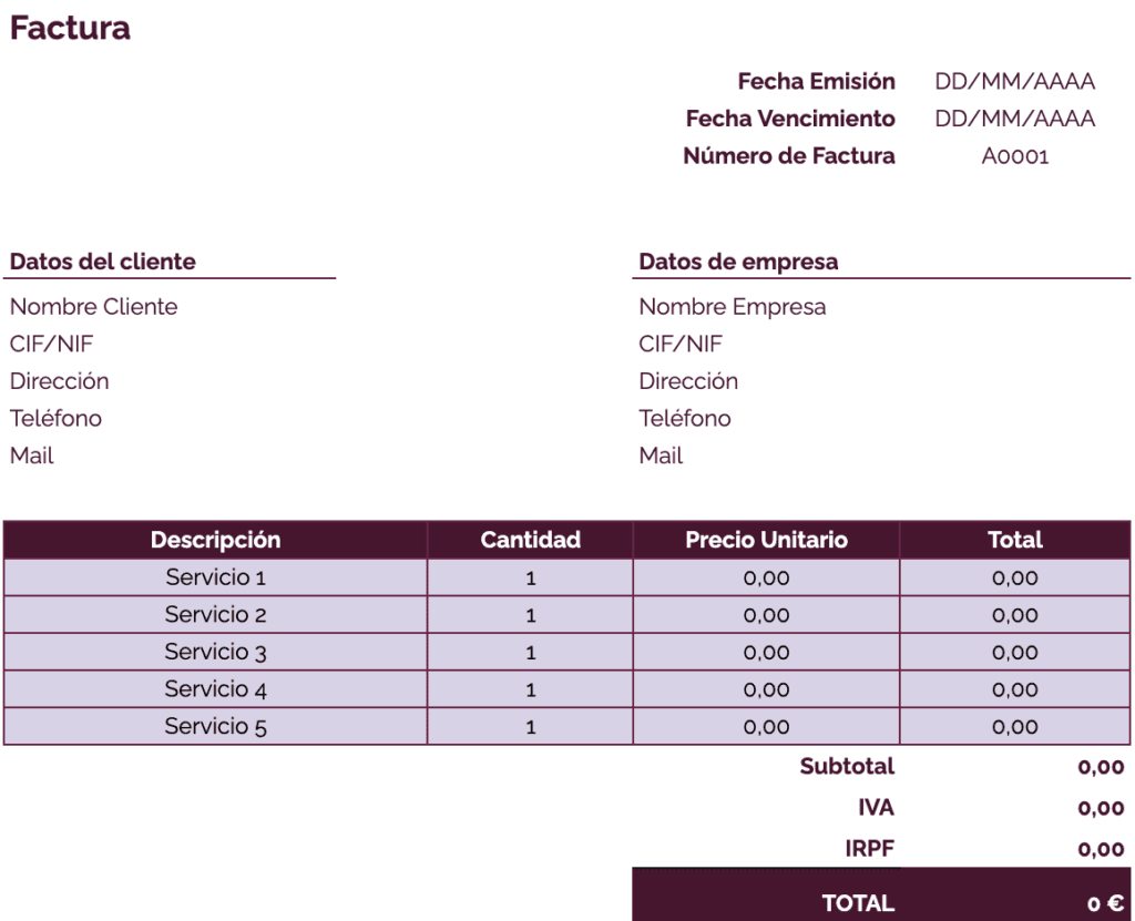 Modelo de factura por intermediación inmobiliaria: plantilla morada