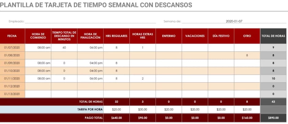 Plantilla de tarjeta de tiempo semanal (con descansos)