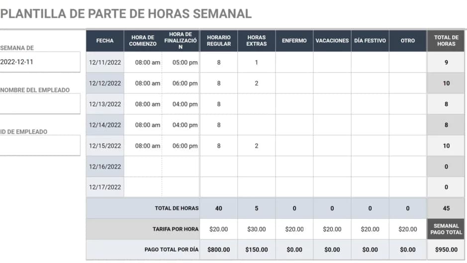 Plantilla de tarjeta de tiempo semanal