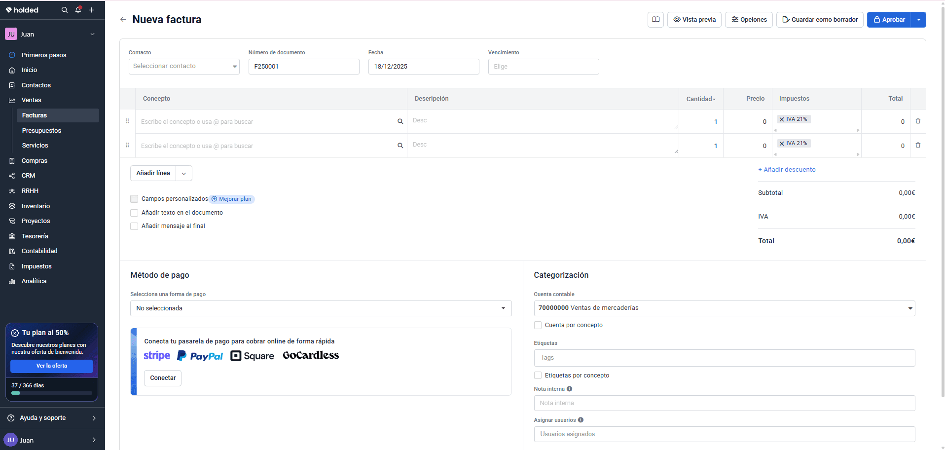 Menú de ventas y facturas en Holded para crear una nueva factura
