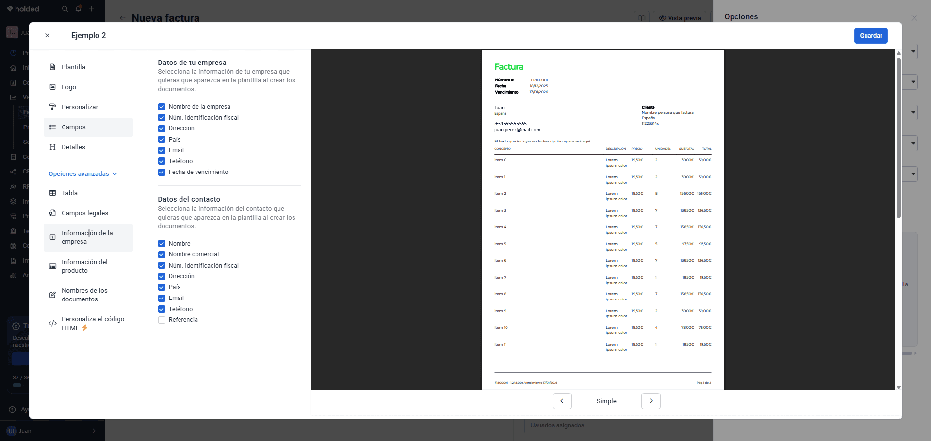Personalización de datos visibles del emisor y del cliente