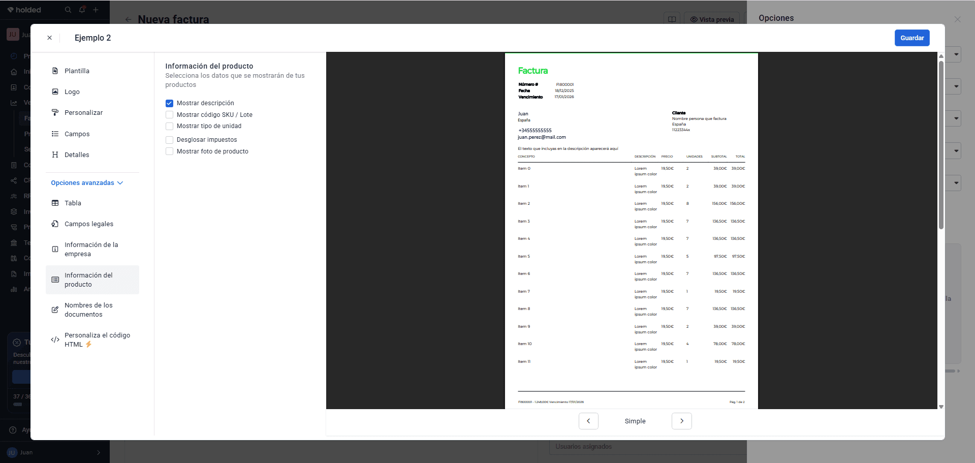 Configuración de política de precios con código SKU e imagen de producto