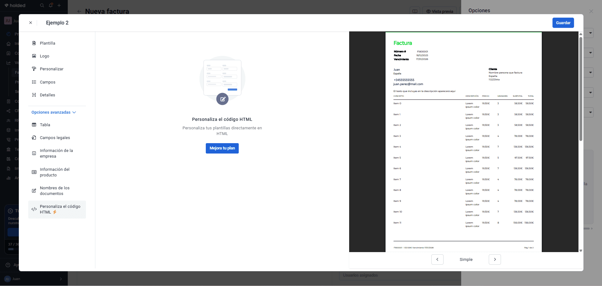 Editor de código HTML para personalización avanzada de plantillas
