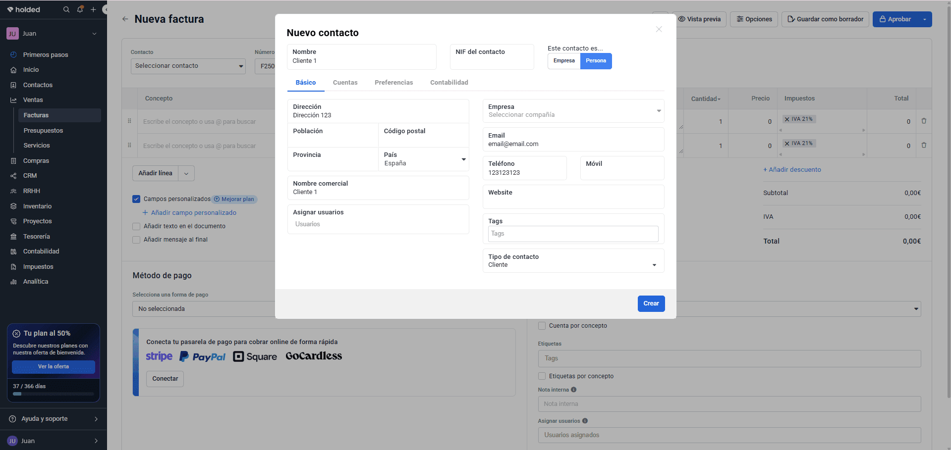 Formulario de alta de datos del cliente para facturación automática