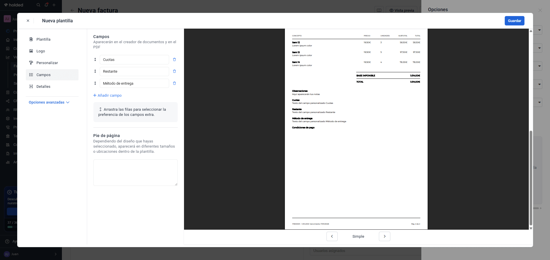 Configuración de campos y estructura de la factura en Holded