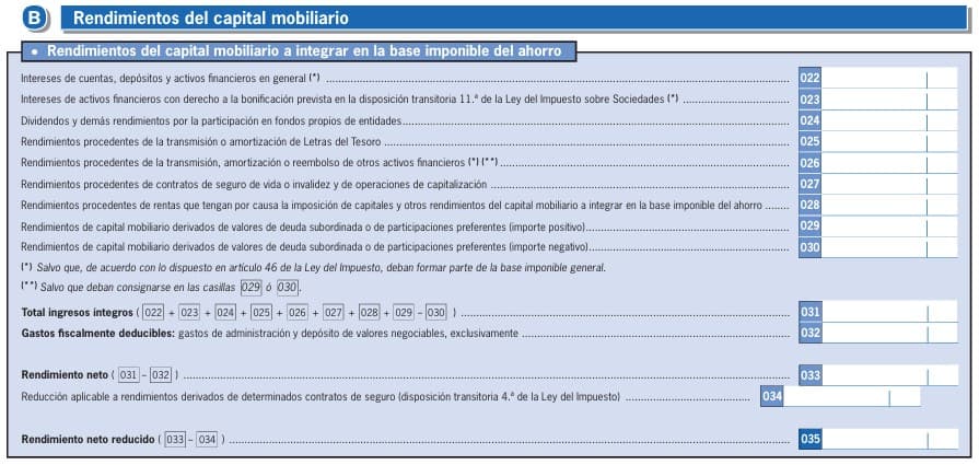 rendimientos capital mobiliario modelo100