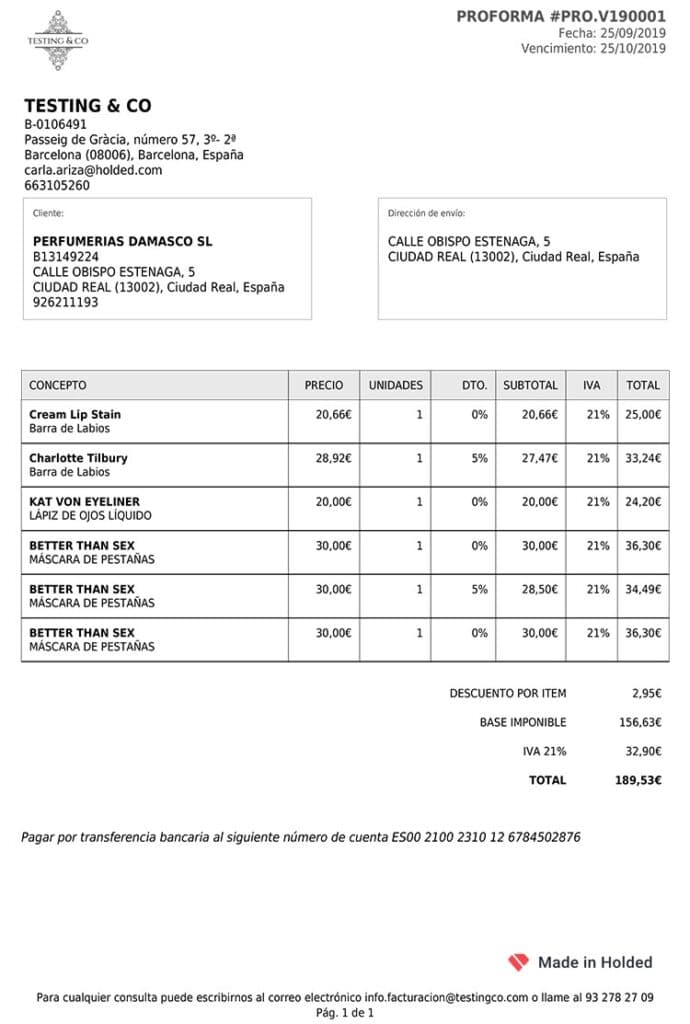 Ejemplo de factura proforma antes de la venta definitiva