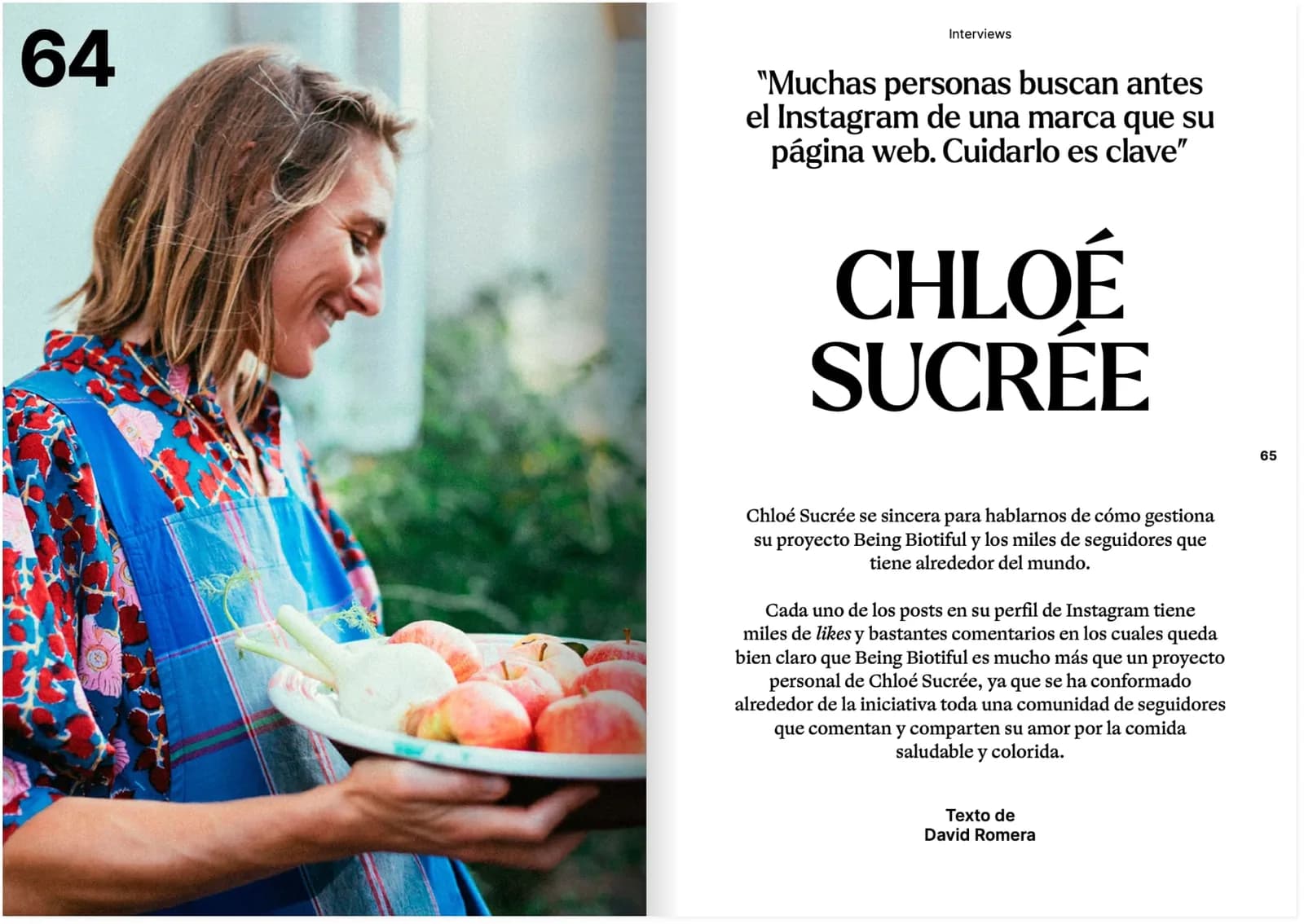 Entrevista a Chloé Sucrée en Holded Magazine, con la emprendedora sosteniendo un cuenco de fruta y verdura