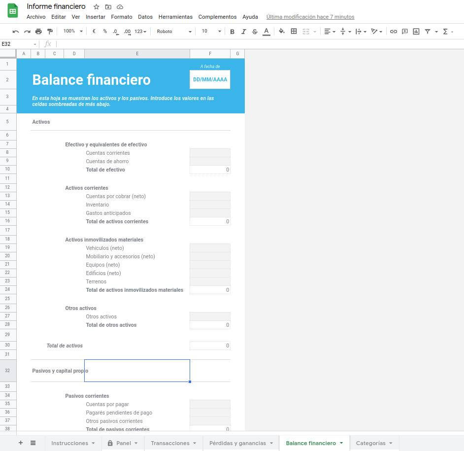 Plantilla de Excel - Balance financiero