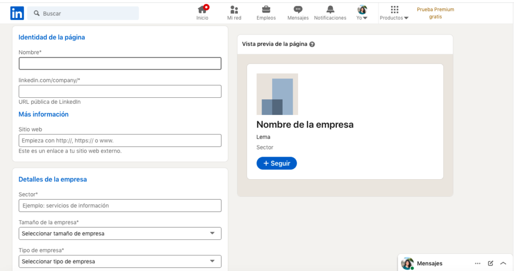 Información básica de la página de empresa en LinkedIn
