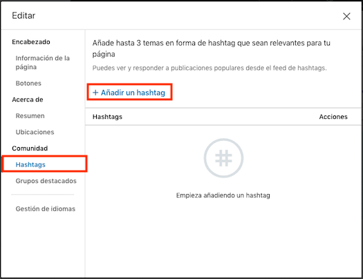 Añade hashtags a la página de empresa de LinkedIn