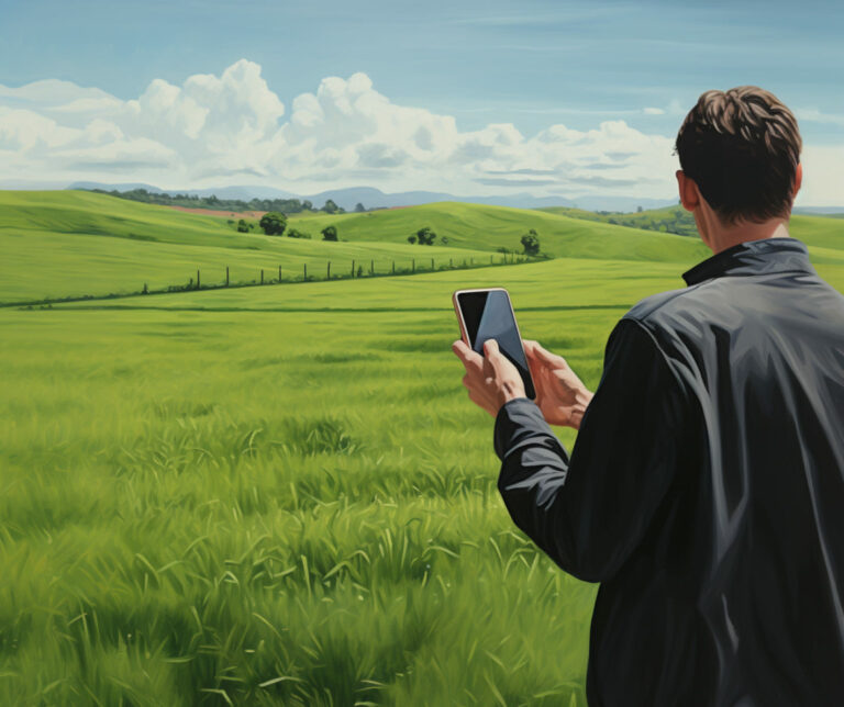 La imagen generada con IA muestra un hombre con un móvil en el medio de un campo