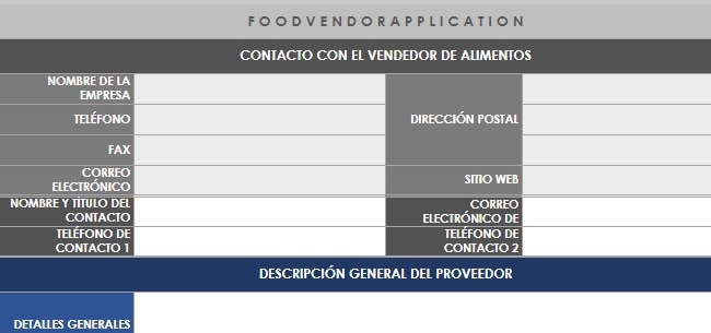 Plantilla de solicitud de vendedor (proveedor) de alimentos