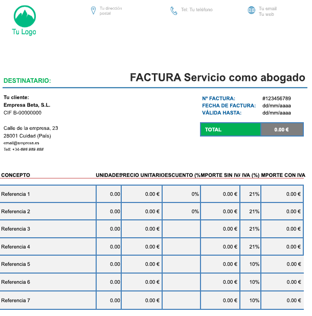 Plantilla de factura de servicio de abogados