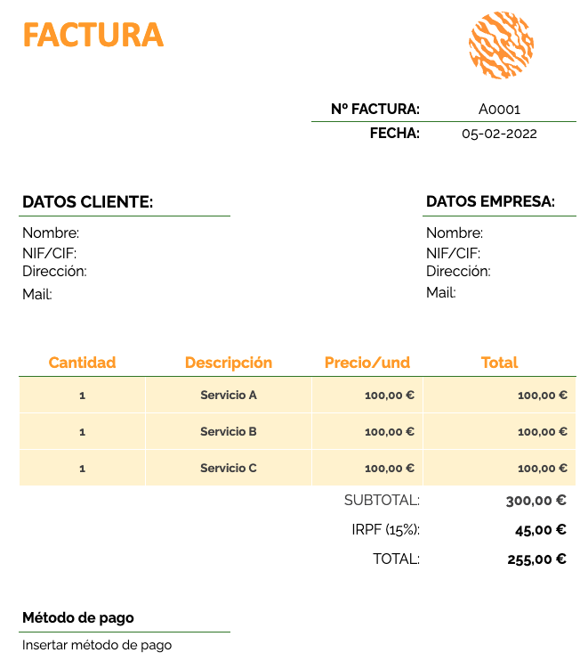 Modelo de factura sin IVA: plantilla naranja