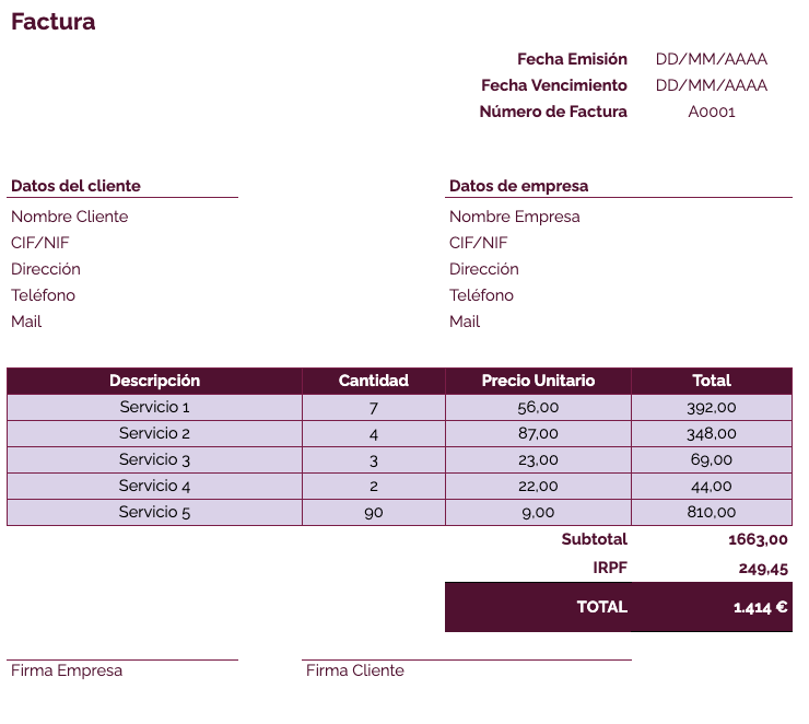 Modelo de factura sin IVA: plantilla morada