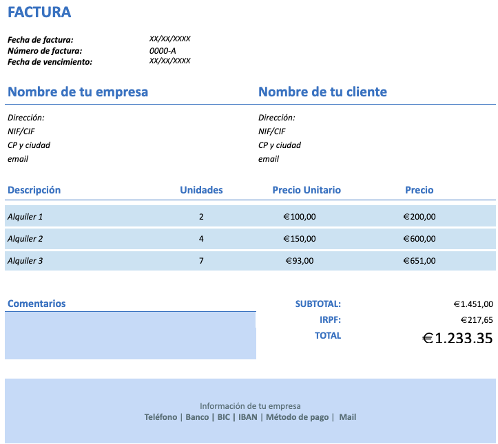 Modelo de factura sin IVA: plantilla azul