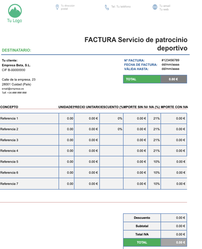 Plantilla de factura de servicio de patrocinio deportivo