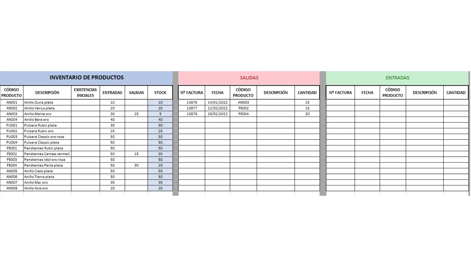 Plantilla de inventario con entradas y salidas de productos 